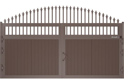 Уличные распашные ворота арочные с пиками с вертикальным расположением сэндвич-панелей